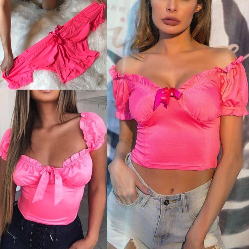 Milkmaid Blouse Ruffle Puff Sleeve Top - Neon Pink